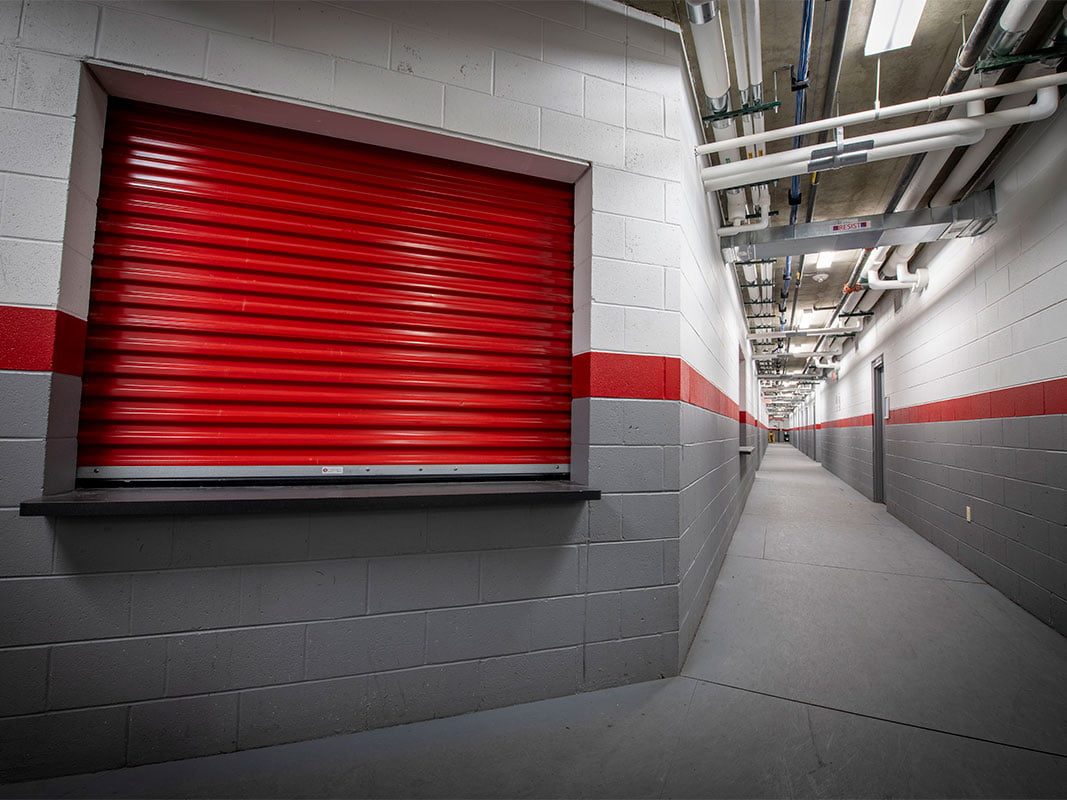 Rolling counter shutter closed over a commercial service counter