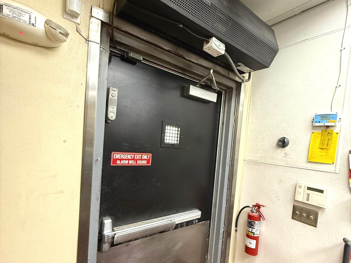 Fire-rated commercial exit door with panic bar, wire glass vision lite and door closer